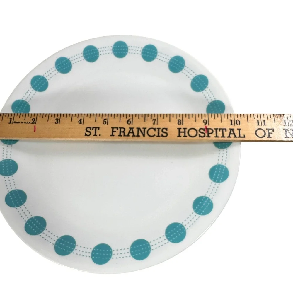 Corelle South Beach Dinner Plates 10.25 Turquoise Dots Dashes Vitrelle Lot of 4